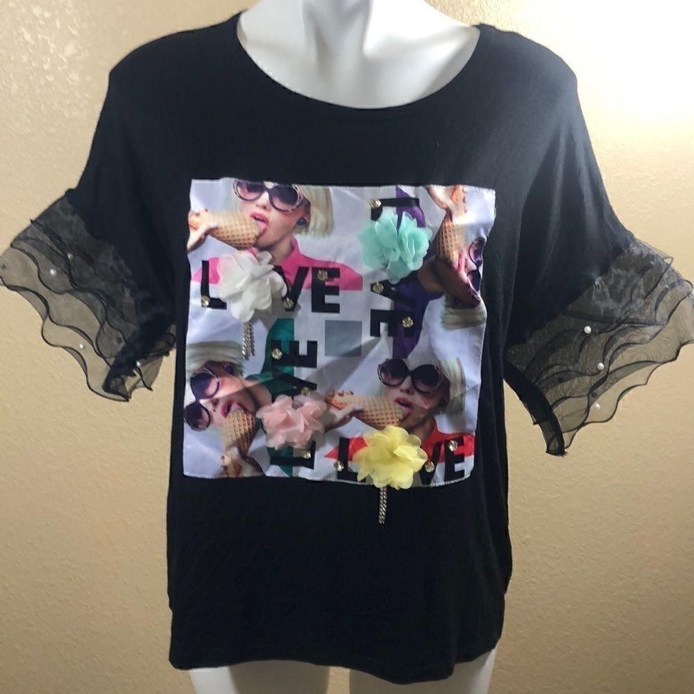 Black bold Love beaded detail short sleeve top